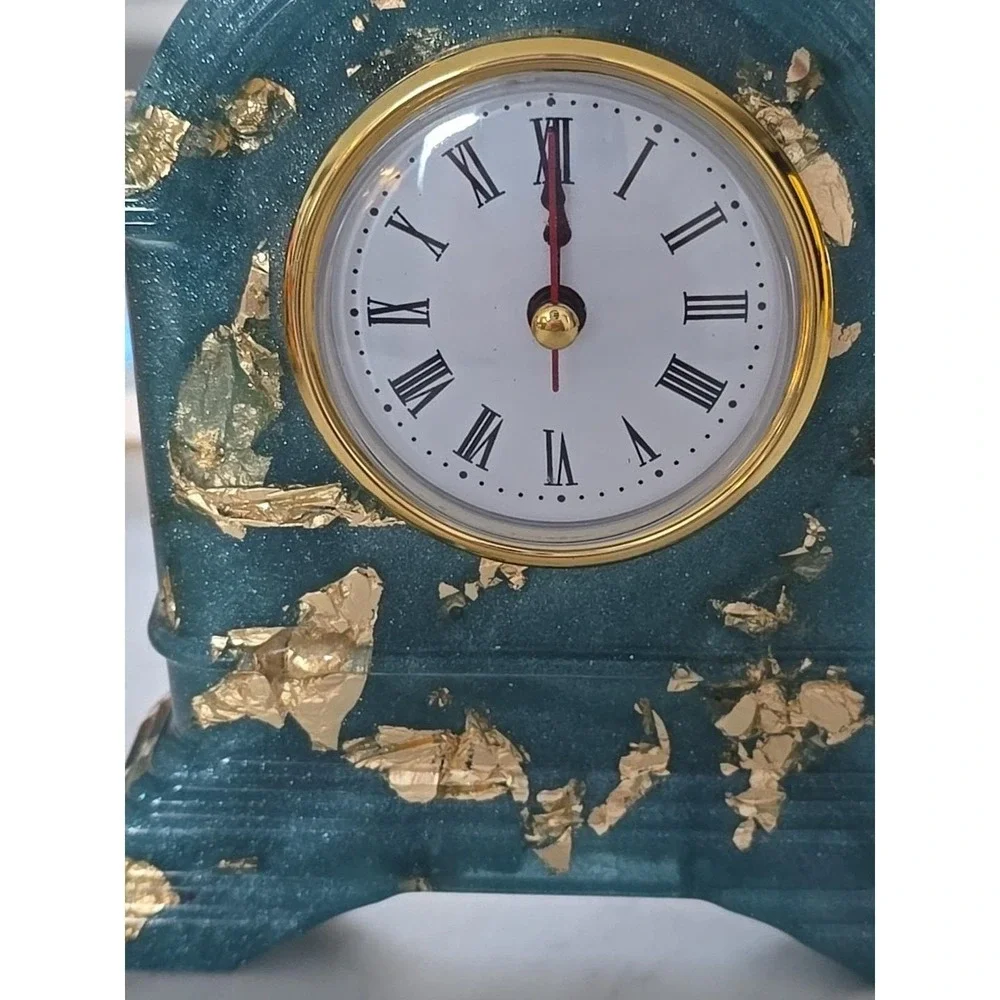 Handmade Resin Desk Clock Decoration Gift  Blue With‎ Gold Leaf 728